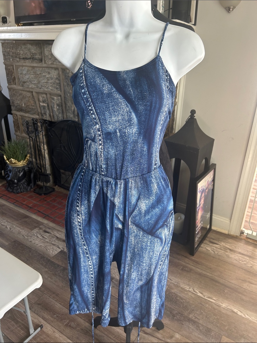 Women's Blue Denim-Effect Strappy Jumpsuit